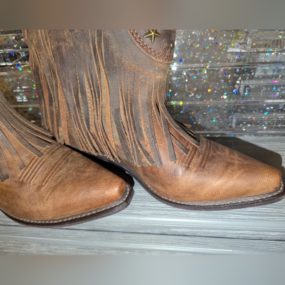 NOS NWOB BROWN LEATHER & BRASS TONE STARS FRINGE BOOTS - Picture 11 of 13